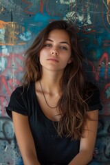 Naklejka premium Make a realistic portrait of a beautiful woman listening to music