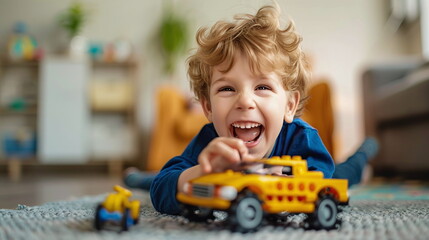 little child playing with toy train