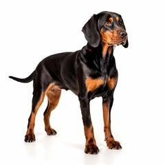 Obraz premium Black and tan coonhound dog breed standing against white background, AI Generated