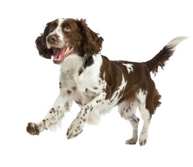 Full body shot of English Springer Spaniel dog, running happily, smiling.