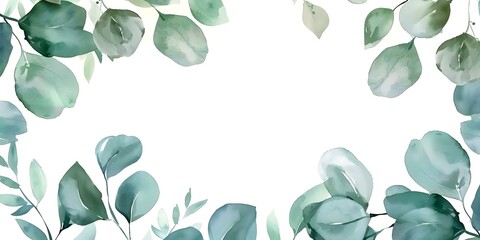Fototapeta premium Handpainted watercolor floral frame with eucalyptus leaves on white background. Concept Watercolor Art, Floral Design, Handpainted Frame, Eucalyptus Leaves, White Background