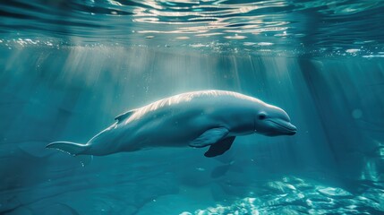 Fototapeta premium Graceful dolphin swimming under the water illuminated by rays of sunlight, showcasing the beauty of marine life in a tranquil ocean setting.