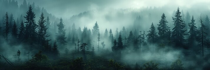Enigmatic Foggy Forest Landscape