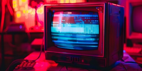 Vintage computer screen with 80s retro wave style and VHS glitch effects. Concept 80s Retro Wave, Vintage Computer Screen, VHS Glitch Effects