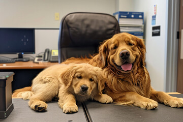 two dogs laying on a desk in an office