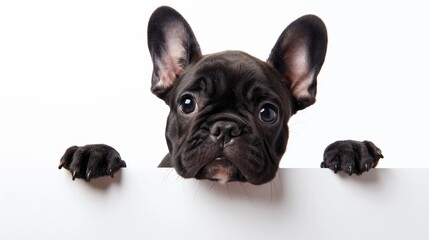 Obraz premium Fearful French bulldog puppy gazes above blank white banner on white backdrop
