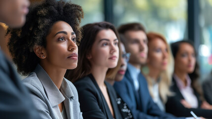 Obraz premium Business concept. Employees listening to the meeting where the company determines its customer target audience. Employees watching company presentation.