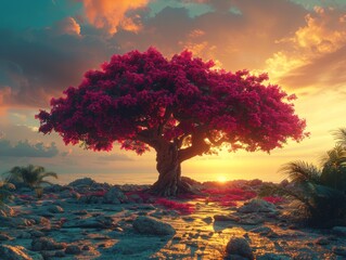 A single, large tree with vibrant pink blossoms stands on a rocky shore at sunset