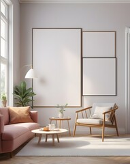 Frame mockup, Living room wall poster mockup, Interior mockup with house background, Scandinavian style, 3D render, 3D illustration