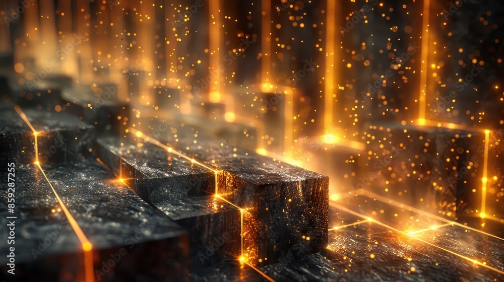 Poster an abstract visual of metallic blocks bathed in glowing golden lights, with floating particles addin