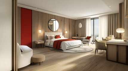 hotel room with bed, chair, mirror and table, light wood texture, light fabric texture, eye-level shot