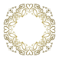 Vector floral golden boho style wreath with hearts.