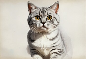 Domesticated Feline Portrait in Watercolor on White Background