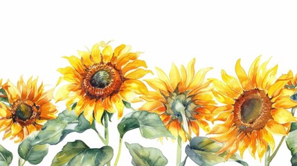 Fototapeta premium Sunflowers with green leaves, isolated on a white background, capturing their vivid colors.