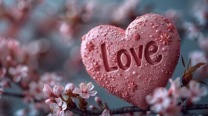Obraz premium A pink heart with the word love embossed on it rests on a branch of pink blossoms