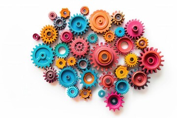 High resolution image of the human brain made of colorful gears and cogs symbolizing creativity and mental functioning