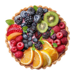 Obraz premium A vibrant fruit tart with a variety of berries, kiwi, orange, and lemon slices. isolated on a white background