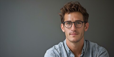 Obraz premium Portrait of a confident young businessman in gray shirt and glasses. Concept Headshot, Professional Attire, Confident Expression, Businessman Portrait, Gray Shirt, Glasses
