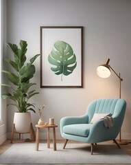 Frame mockup, Living room wall poster mockup, Interior mockup with house background, Scandinavian style, 3D render, 3D illustration