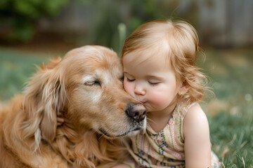 a little girl is kissing a dog in the grass