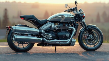 A silver Triumph Rocket 3 R cruiser motorcycle parked on a paved road at sunset
