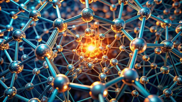 Intricate lattice of glowing nanoparticles suspended within a mesmerizing framework of nanotubes, evoking a futuristic, otherworldly atmosphere of technological advancement.
