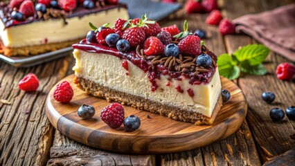 Decadent slice of creamy cheesecake overflowing with sweet mixed berries and rich dark chocolate shavings on a rustic wooden plate.