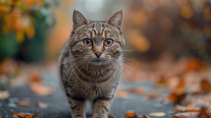 A tabby cat walks through fallen autumn leaves
