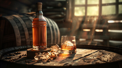 A bottle of whisky and a glass of whisky on a wooden table