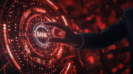 Hand touching digital interface with futuristic banking technology