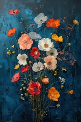 Artistic depiction of summer flowers with a blue background, capturing the essence of a warm and sunny season
