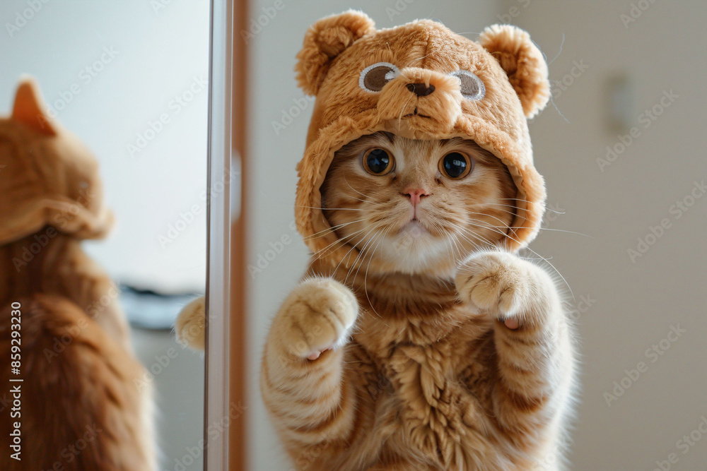 Poster a cat in a bear costume looking at itself in a mirror