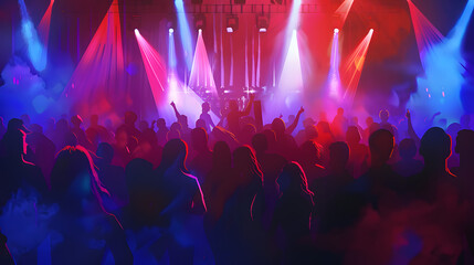 nightclub club concert party young people crowd dancing celebration celebrate colorful lighting blue red beams spotlights silhouettes, lively energetic excitement excited freedom atmosphere enjoyment