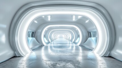 Obraz premium An advanced futuristic corridor featuring white arched walls, sleek design, bright lighting, and a spacious, seamless interior, highlighting cutting-edge architecture and innovation.