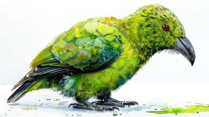 A detailed watercolor painting of a green parrot with a dark beak and red eyes