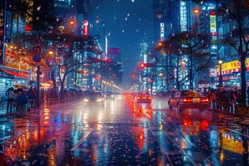 Bright neon signs lighting up the night in downtown, enhancing the dynamic and modern feel of the city streets
