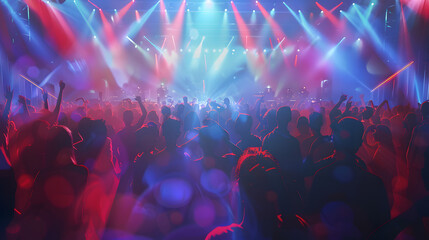 nightclub club concert party young people crowd dancing celebration celebrate colorful lighting blue red beams spotlights silhouettes, lively energetic excitement excited freedom atmosphere enjoyment