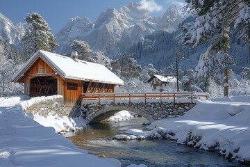 A scenic covered bridge in the Alps surrounded by stunning mountain views and lush green landscapes
