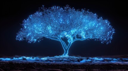 A solitary tree glows with blue light against a dark night sky