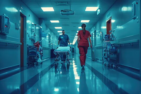 Medical professionals walking together in a hospital corridor during their daily rounds to check on patients
