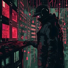 Digitally Enhanced Security: 2D Illustration of Cyber Espionage with Dark Tones and Bright Highlights