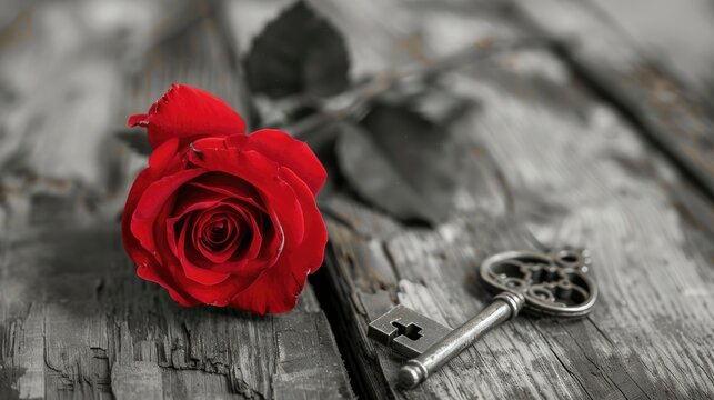 Red rose and key on wooden table in grayscale image symbolizing romance and love