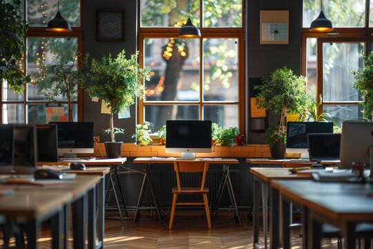 Interior of a vibrant office co-working space with neatly arranged desktops and a dynamic environment for teamwork

