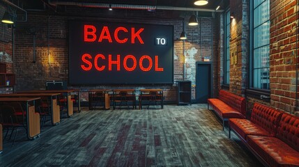 School-themed loft classroom with brick walls & large Back to School sign