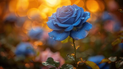 A close-up of a blue rose with dew drops