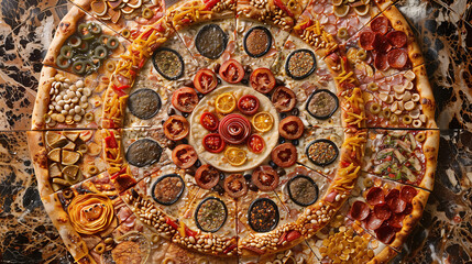 Obraz premium An intricate, mandala-like pattern made from various pizza toppings arranged symmetrically