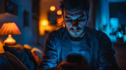 young man is browsing smartphone at night