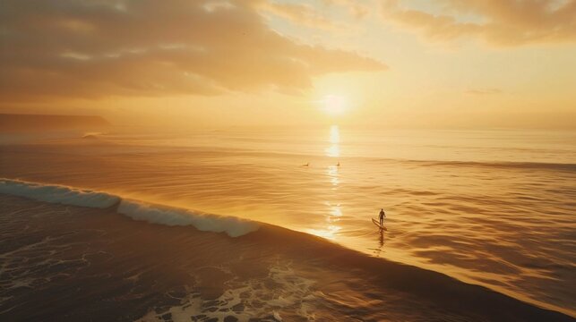 A solitary surfer waiting for a wave in an empty ocean at sunrise