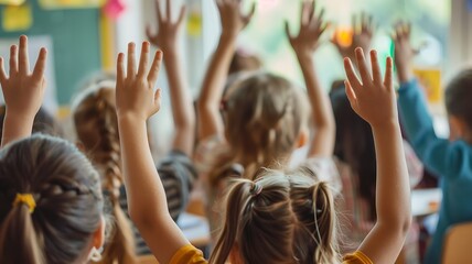 A group of children with hands raised to answer questions in a classroom, real photo, stock photography, Back To School concept, selective focus, colorful and interactive learning environment