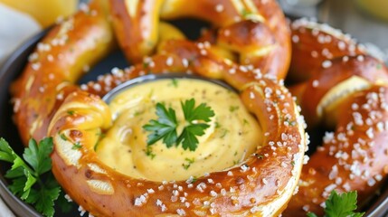 Tasty German pretzels served with classic cheese dipping sauce
